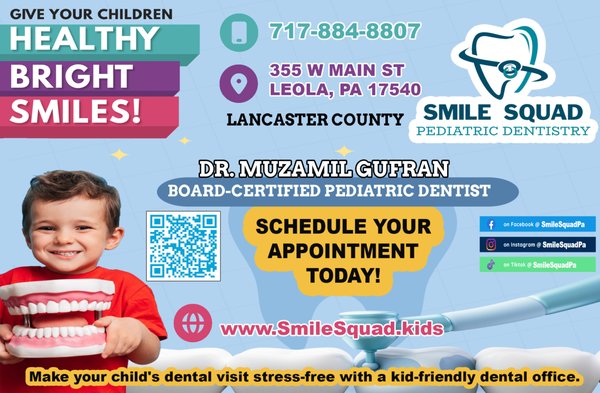 SMILE SQUAD PEDIATRIC DENTISTRY - At Smile Squad, we provide exceptional care in a child-centered and compassionate environment. Our dentist believes every child is unique, and there is no one size fits all when it comes to treating our patients. Just like your pediatrician is a highly specialized doctor focused on the growth and development of your child, your pediatric dentist is a highly trained dentist with specific expertise in the oral/dental needs of developing children through young adulthood. You will find that pediatric dentists are trained beyond what you will find with a general dentist and that makes a big difference for little patients. SMILE SQUAD PEDIATRIC DENTISTRY - At Smile Squad, we provide exceptional care in a child-centered and compassionate environment. Our dentist believes every child is unique, and there is no one size fits all when it comes to treating our patients. Just like your pediatrician is a highly specialized doctor focused on the growth and development of your child, your pediatric dentist is a highly trained dentist with specific expertise in the oral/dental needs of developing children through young adulthood. You will find that pediatric dentists are trained beyond what you will find with a general dentist and that makes a big difference for little patients.
