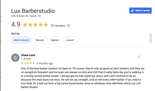 Client Testimonials - Welcome to Lux Barber Studio! Come get a Crisp Haircut & a Cold Beer from the Best Barbers in Taylor! Client Testimonials - Welcome to Lux Barber Studio! Come get a Crisp Haircut & a Cold Beer from the Best Barbers in Taylor!