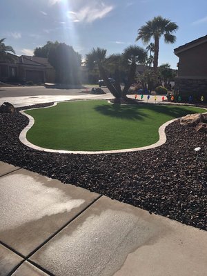 Clean Lines & Low Maintenance: A Backyard Refresh Done Right 🧱☀️ - This recent transformation focused on maximizing beauty and function while keeping maintenance to a minimum—perfect for Arizona living.

Here's what we upgraded: 
✔️ Removed the existing grass border + old granite in the patio area
✔️ Installed 80 oz premium artificial turf for lush, realistic greenery year-round
✔️ Added travertine borders to define turf and patio spaces with clean, elegant lines
✔️ Installed low-voltage LED lighting for subtle, stylish nighttime ambiance

Simple, refined, and ready to enjoy—this yard now feels bigger, brighter, and built for modern outdoor living.