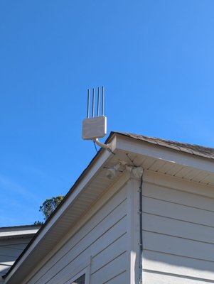Outdoor Wi-Fi Extention - This project was done on a house built on 5 acres of land. The house already has internet with the standard ISP router, but the coverage would not extend beyond the perimeter of the house, and the property had a shed and a barn a little away from the main house. This outdoor Wi-Fi antenna, with dual-band 5Ghz and 2.4Ghz Wi-Fi 6 technology, allows us to have full Wi-Fi signal strength throughout the whole property boundary (5 acres) at all times.