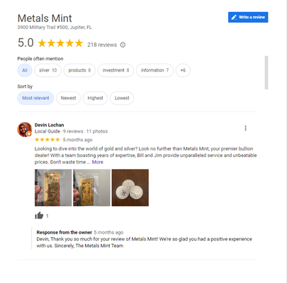 5 Star Google Reviews - "Metals Mint is a gold dealer with 75 years of combined experience in the precious metals industry. They specialize in buying and selling gold, silver, and platinum bullion, catering to both investors and IRA account holders seeking to diversify their portfolios with physical precious metals." 5 Star Google Reviews - "Metals Mint is a gold dealer with 75 years of combined experience in the precious metals industry. They specialize in buying and selling gold, silver, and platinum bullion, catering to both investors and IRA account holders seeking to diversify their portfolios with physical precious metals."