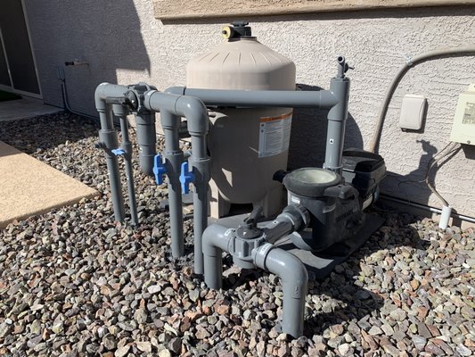 Plumbing Repair - These pipes were beginning to age in the AZ sun and were at risk of developing leaks. We applied a protective treatment, helping to restore the appearance and longevity of the plumbing. We also identified all of the suction and pressure side lines, labelling them for future convenience. Plumbing Repair - These pipes were beginning to age in the AZ sun and were at risk of developing leaks. We applied a protective treatment, helping to restore the appearance and longevity of the plumbing. We also identified all of the suction and pressure side lines, labelling them for future convenience.