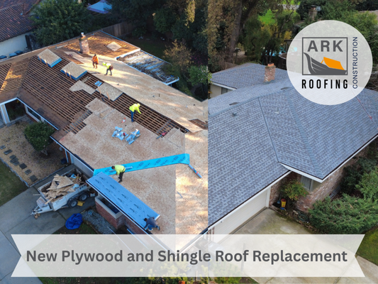 New Sheathing and Shingle Roof Replacement - At Ark Roofing & Construction, we take pride in delivering complete roofing system upgrades that are built to last — and this Sacramento project is a perfect example of doing things the right way from the ground up.

This home originally had a wood shake roof that had reached the end of its lifespan. While wood shake can offer a natural aesthetic, it often lacks the long-term durability, fire resistance, and energy efficiency that modern roofing systems provide. Rather than applying a simple overlay or temporary fix, our team performed a full tear-off to properly assess the condition of the structure underneath.

During the inspection, it became clear that the existing roof required a complete structural reset. We began by installing brand-new solid sheathing across the entire roof deck. This step is critical, as it creates a strong, uniform foundation for the entire roofing system and ensures long-term performance and stability.
Next, we installed a high-quality underlayment designed to provide a secondary layer of protection against moisture intrusion. This barrier plays a key role in preventing leaks and protecting the home from water damage, especially during Sacramento’s seasonal weather changes.

With the foundation in place, we upgraded the home to an energy-efficient shingle roofing system. Modern shingles not only offer enhanced durability and weather resistance, but they also help reflect heat, improving the home’s overall energy efficiency and helping to keep interior temperatures more comfortable during the hot summer months.

To complete the system, we addressed one of the most overlooked — yet essential — components of roofing: ventilation. We installed updated ventilation to promote proper airflow throughout the attic space. This helps regulate temperature, reduce moisture buildup, extend the lifespan of the roof, and improve overall energy performance.

This project was more than just a roof replacement — it was a full system upgrade designed to provide long-term protection, efficiency, and peace of mind for the homeowner.

At Ark Roofing & Construction, we don’t cut corners. Every project is approached with a commitment to quality craftsmanship, transparency, and doing what’s best for the homeowner — even when it means going beyond the minimum.

If your roof is aging, showing signs of wear, or you’re unsure about its condition, now is the time to take action. Small issues can quickly turn into costly repairs if left unaddressed.

We are currently offering incentives for Sacramento homeowners looking to upgrade their roofs before the peak summer heat sets in.

Call us today at 916-236-4551 to schedule your free inspection and see how we can protect your home with a roofing system built to last.
