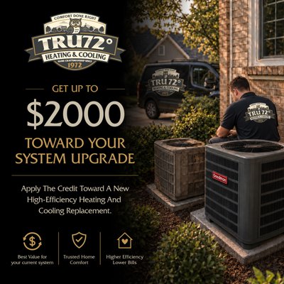 HVAC System Replacement & Installation - Replacing your heating and cooling system is a big decision, and it's not one that should be made based on guesswork. At T. Byrd's, now Tru72 Heating & Cooling, we take a consultative approach to system replacement, helping homeowners understand their options and choose the right solution for their home, comfort goals, and budget.

Whether your current system is experiencing frequent breakdowns, struggling to keep your home comfortable, driving up energy bills, or nearing the end of its service life, our team is here to help you make an informed decision.

Our replacement process starts with understanding your home—not simply replacing your old equipment with whatever size happens to be there today. We evaluate system performance, airflow, ductwork, insulation impacts, and comfort concerns to help determine the best solution for your specific needs. Too many systems are oversized, undersized, or improperly matched, leading to comfort problems and unnecessary operating costs.

We don't guess, we test.

Our technicians take the time to assess your home's requirements and explain your options clearly. We'll review equipment efficiencies, operating costs, comfort features, indoor air quality enhancements, warranty coverage, and available financing options so you can choose the system that makes the most sense for your family.

We install a variety of residential comfort solutions, including:

• Central air conditioning systems
• High-efficiency air conditioners
• Heat pumps
• Dual-fuel systems
• Gas furnaces
• Electric heating systems
• Ductless mini-split systems
• Indoor air quality upgrades
• Smart thermostats and controls

Every installation is completed with attention to detail, proper commissioning, and system testing to ensure everything is operating correctly before we leave your home. We don't believe in rushing through installations. The quality of the installation has a major impact on comfort, reliability, efficiency, and equipment lifespan.

When your installation is complete, we'll walk you through system operation, maintenance recommendations, thermostat functions, and ways to get the most from your investment. Our goal is to make sure you feel confident in your new system from day one.

Many homeowners are surprised to learn that newer HVAC systems can provide more consistent temperatures, quieter operation, improved humidity control, better indoor air quality, and lower energy consumption compared to older equipment. A properly designed and installed system can improve comfort throughout your entire home while reducing the likelihood of unexpected breakdowns.

If your system is beyond economical repair or you're ready to upgrade your home's comfort and efficiency, Tru72 Heating & Cooling is here to help. We'll provide honest recommendations, transparent pricing, and professional installation backed by our commitment to Clean. Quality. Comfort.

Comfort Done Right.
=