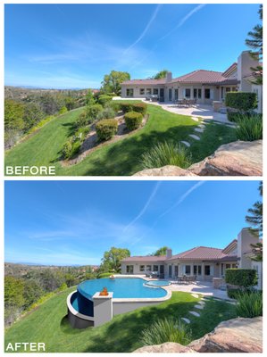 Infinity pool replaces hedge garden. - Before and after concept of replacing a hedge garden as a focal point of a magnificent yard with an infinity edge pool and in-ground spa with fire pits on either side. Infinity pool replaces hedge garden. - Before and after concept of replacing a hedge garden as a focal point of a magnificent yard with an infinity edge pool and in-ground spa with fire pits on either side.