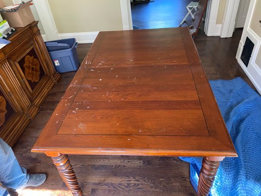 Dinning Room Table Project - This dinning room table had years of wear and tear, along with some paint! After refinishing this dinning room table, it's as good as new! Now the family can enjoy their beautiful table for many years to come! Dinning Room Table Project - This dinning room table had years of wear and tear, along with some paint! After refinishing this dinning room table, it's as good as new! Now the family can enjoy their beautiful table for many years to come!
