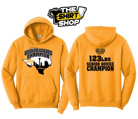 Golden Gloves - custom yellow gold hoodies, two color front one color back