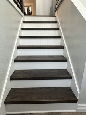 Stair remodel and under stair storage - This is 2 different projects, both using Red Oak retreads with white risers. The smaller set has stair skirting, gives it a clean look. Finish of with under stair storage Stair remodel and under stair storage - This is 2 different projects, both using Red Oak retreads with white risers. The smaller set has stair skirting, gives it a clean look. Finish of with under stair storage