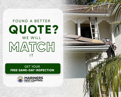 Lowest Price Guaranteed—Plus $50 Extra Savings. - At Mariners Pest Control, our customers always come first. We’re not just committed—we’re passionate about delivering the highest level of service and unbeatable value. That’s why if you find a better quote anywhere else, we won’t just match it—we’ll beat it by giving you an additional $50 off after the price match. With us, you get trusted expertise, proven results, and the best deal in Southern California—guaranteed. Lowest Price Guaranteed—Plus $50 Extra Savings. - At Mariners Pest Control, our customers always come first. We’re not just committed—we’re passionate about delivering the highest level of service and unbeatable value. That’s why if you find a better quote anywhere else, we won’t just match it—we’ll beat it by giving you an additional $50 off after the price match. With us, you get trusted expertise, proven results, and the best deal in Southern California—guaranteed.