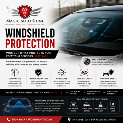Windshield Protection for Tesla, Lucid & Luxury Vehicles - Shield your luxury car’s advanced windshield with Magic Auto Shine. We offer premium windshield protection film for Tesla, Lucid, Range Rover, and other EVs with sensitive sensors. Our films defend against chips and cracks while keeping your technology fully functional. Get expert windshield protection that preserves clarity, sensor performance, and resale value. Serving San Jose—book your install today! Windshield Protection for Tesla, Lucid & Luxury Vehicles - Shield your luxury car’s advanced windshield with Magic Auto Shine. We offer premium windshield protection film for Tesla, Lucid, Range Rover, and other EVs with sensitive sensors. Our films defend against chips and cracks while keeping your technology fully functional. Get expert windshield protection that preserves clarity, sensor performance, and resale value. Serving San Jose—book your install today!