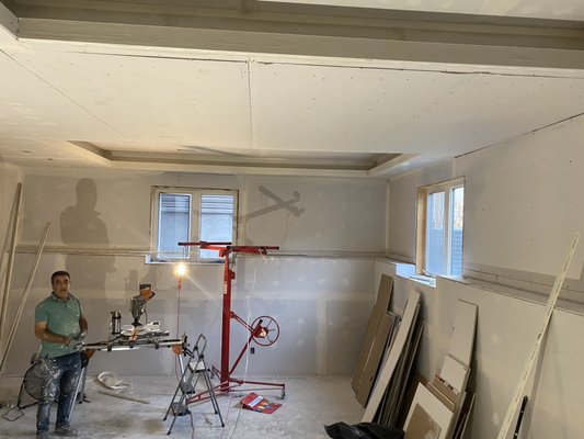 High celling basement - The client requested a different task and welcomed our design to use recessed lighting
The work was time consuming and sensitive
But finally, framing and drywall was finished High celling basement - The client requested a different task and welcomed our design to use recessed lighting
The work was time consuming and sensitive
But finally, framing and drywall was finished