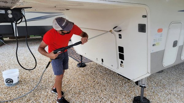 Washing RV is going smoothly. You can count on us for a complete RV detailing service. - We did our best work for this RV looking its best and preserving the value of it.
In order to ensure the job is done correctly we used specialized detailing products, cleaners, and protectors. People were thrilled to see our group at work.
We've already gained a few more customers as a result. Washing RV is going smoothly. You can count on us for a complete RV detailing service. - We did our best work for this RV looking its best and preserving the value of it.
In order to ensure the job is done correctly we used specialized detailing products, cleaners, and protectors. People were thrilled to see our group at work.
We've already gained a few more customers as a result.