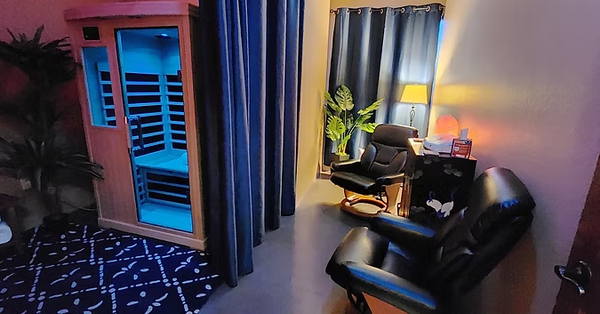 The Spa Room - The Spa Room
Where Warmth meets Wellness
Located just down the hall from the Energy Lounge is the Spa Room where warmth and tranquility come together. This room serves as a relaxation station with a FAR infrared sauna and a pair of chairs where you can have your choice of foot baths.

FAR Infrared Sauna
Take a deep dive into self-care with a FAR infrared sauna session. Allow the deep, penetrating dry-heat and FAR infrared light to melt away your cares, leaving behind all that no longer serves you.

Ionic Foot Bath
Draw out and cleanse yourself of metals and toxins bogging your body down. Warm water will surround your feet as an ionizing machine charges the atoms in the water to neutralize pull out and neutralize negative toxins in your body.

*Not recommended for anyone with open sores, diabetic nephropathy, pacemaker or other implanted electrical device or on heavy medication.

Magnesium Foot Soak
Enrich your skin and body with a toasty Magnesium soak. Unlike our other soaks and baths this soak focuses on absorption into the body rather than pulling materials out. With a greater magnesium content than standard Epsom salt this foot soak prompts restfulness, muscle relaxation and circulation throughout the body.

Detox Salt Foot Soak
Sink your feet into a warm basin of water where our premium detoxifying blend of sea salts will help to draw out toxins in the body. The perfect cherry on top after a session in our "Energy Lounge" that will elevate your wellness to the next level.