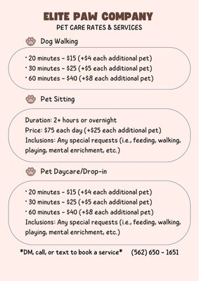 SERVICES & RATES - Thank you for your interest in my pet care! Here are services I offer along with their rates. Feel free to reach out to clarify any details.
FYI: Dog Daycare/Drop-in Service is completed at the CLIENT'S residence (YOUR residence).
If you're ready to request a service, click on my link and fill out the service request form. I'll review each request within 1 business day and get back to you as soon as possible. Thank you so much! I look forward to meeting you and your pups 💞 SERVICES & RATES - Thank you for your interest in my pet care! Here are services I offer along with their rates. Feel free to reach out to clarify any details.
FYI: Dog Daycare/Drop-in Service is completed at the CLIENT'S residence (YOUR residence).
If you're ready to request a service, click on my link and fill out the service request form. I'll review each request within 1 business day and get back to you as soon as possible. Thank you so much! I look forward to meeting you and your pups 💞