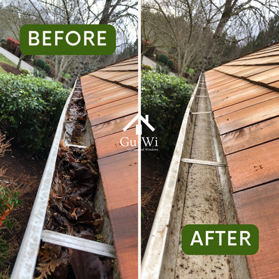 New Roof & Gutter System - This project required the removal of an old, outdated, and failing gutter system and a roof of equally bad quality. Gu-Wi tore down the entire old roof and gutter system (not shown), took care of the disposal of all of those materials, and installed a brand new roof from scratch. This particular job included many custom placements to account for a multitude of vents and skylights along the roof. After the roof was completed, Gu-Wi installed brand new, beautiful seamless gutters around the entire perimeter of the home, including brand new downspouts carefully placed to ensure proper water runoff away from the house. All in all this, this project took about a week to complete and the customer was extremely happy :) New Roof & Gutter System - This project required the removal of an old, outdated, and failing gutter system and a roof of equally bad quality. Gu-Wi tore down the entire old roof and gutter system (not shown), took care of the disposal of all of those materials, and installed a brand new roof from scratch. This particular job included many custom placements to account for a multitude of vents and skylights along the roof. After the roof was completed, Gu-Wi installed brand new, beautiful seamless gutters around the entire perimeter of the home, including brand new downspouts carefully placed to ensure proper water runoff away from the house. All in all this, this project took about a week to complete and the customer was extremely happy :)