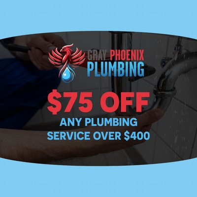 $75 Off Any Plumbing Service - Save $75 on any plumbing service over $400! Whether you need a quick repair or a major installation, the Gray Phoenix team is ready to help. Our fleet is fully equipped to handle everything from water heaters to whole-home filtration for homeowners across Elizabeth and the South Denver Metro.