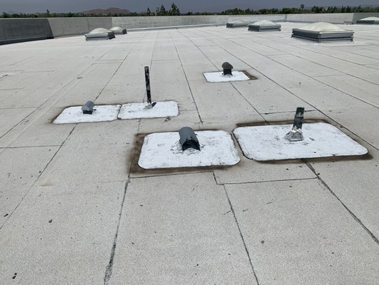 Maintenance on commercial property - We were called out because they had several leaks. We offered a maintenance on the entire roof and gave them a (3) year labor warranty.
Maintenance includes
-clean roof of debris
-tie in flashings properly
-cut all blisters/apply granulated torch
-redo mastic at every pipe and skylight
-apply granules to mastic so it lasts longer Maintenance on commercial property - We were called out because they had several leaks. We offered a maintenance on the entire roof and gave them a (3) year labor warranty.
Maintenance includes
-clean roof of debris
-tie in flashings properly
-cut all blisters/apply granulated torch
-redo mastic at every pipe and skylight
-apply granules to mastic so it lasts longer