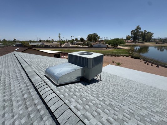 New GAF Shingle Roof - Spencer tore off the old roof installed new GAF roofing system, with new Ridge vent. Spencer roofing also replaced the flat patio roof. New GAF Shingle Roof - Spencer tore off the old roof installed new GAF roofing system, with new Ridge vent. Spencer roofing also replaced the flat patio roof.