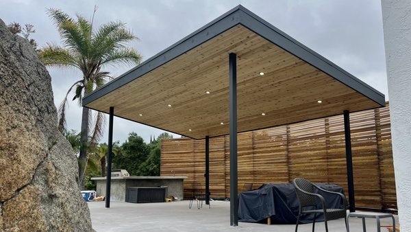 pergola 2023 - Massive pergola with cedar tongue and groove, clear stain, back drop, and recessed lighting