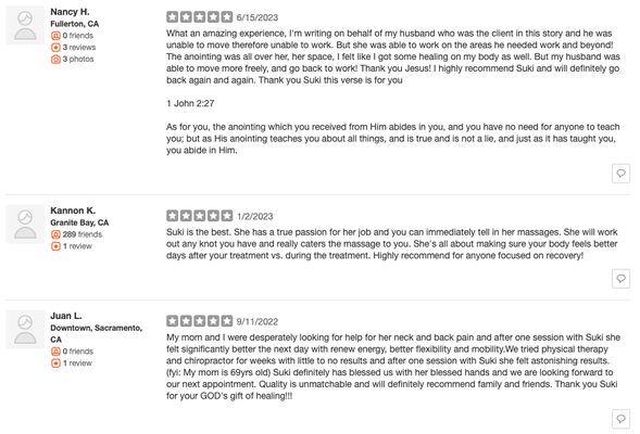 See what our clients are saying! - At Healing Through Touch Massage we are more than a massage. This is a journey to well-being.  Experience the profound peace and rejuvenation of a massage that nurtures your mind, body, and spirit. A sanctuary for healing and self discovery. Feel the difference and book today!