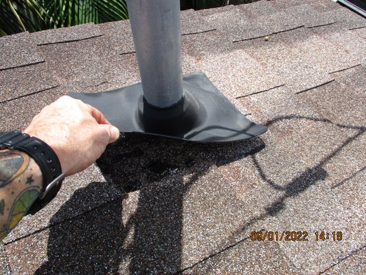 Service Mast Boot Not Sealed - Here is an example of a poorly installed electrical service mast boot on the roof of this home discovered during a wind mitigation and 4-point inspection. We identified the issue, the seller repaired it by a licensed specialist and we returned for FREE to re-inspect. The repair was functional! Service Mast Boot Not Sealed - Here is an example of a poorly installed electrical service mast boot on the roof of this home discovered during a wind mitigation and 4-point inspection. We identified the issue, the seller repaired it by a licensed specialist and we returned for FREE to re-inspect. The repair was functional!
