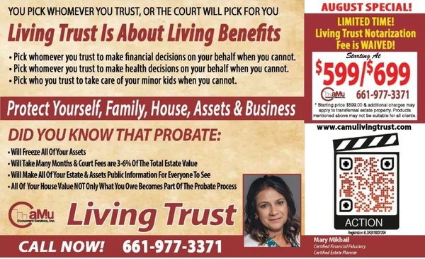 $599/$699 Living Trust Bundle - A living trust is about living benefits in addition to the benefits your family will receive after you. You pick who you are trusting or the court will pick for you. Protect your family, life, assets & house or business if you have one. $599/$699 Living Trust Bundle - A living trust is about living benefits in addition to the benefits your family will receive after you. You pick who you are trusting or the court will pick for you. Protect your family, life, assets & house or business if you have one.
