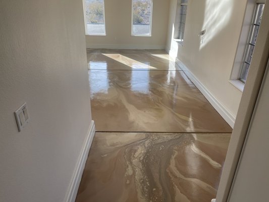 Marble stain floor - Custom concrete floor staining in multi color marble look. Poly urethane concrete sealer was added with 2 layers.  Concrete Restored is a decorative concrete floor painting contractor Nevada State Contractor License 00084999.  Specializing in concrete stain, concrete sealers, epoxy, painting, metallic epoxy, garage floor epoxy, concrete polishing, concrete grinding, concrete sanding, brick paver sealing, pool deck coatings, concrete cleaning, and pressure washing. Concrete Restored offers these specialties on walkways, patios, courtyards, driveways, garage floors, residential concrete floors, business concrete floors, commercial store fronts, pool decks, brick pavers, and warehouses.  Concrete Restored only uses the best materials from Sherwin Williams, Dunn Edward’s, PPG, Home Depot, Lowes, Concrete Accessaries, decorative concrete supply, calico and poly urethane