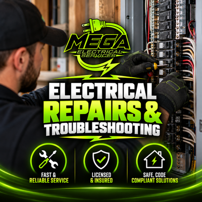 Electrical Repairs & Troubleshooting - Experiencing electrical problems at your home or business? MEGA Electrical Services provides professional electrical troubleshooting and repairs to identify issues and restore dependable electrical performance. From faulty outlets and switches to tripping breakers, flickering lights, and wiring concerns, we focus on accurate diagnosis, honest recommendations, and quality repairs. Serving Milford, Dover, Georgetown, Lewes, and surrounding Delaware areas, we're committed to helping keep your electrical system safe and functioning properly.