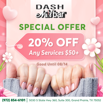 Special Offer - Amazing 10% OFF all services $50+! 
Don't miss this chance to experience our superior-quality treatments by expert nail technicians. 
Visit us today!