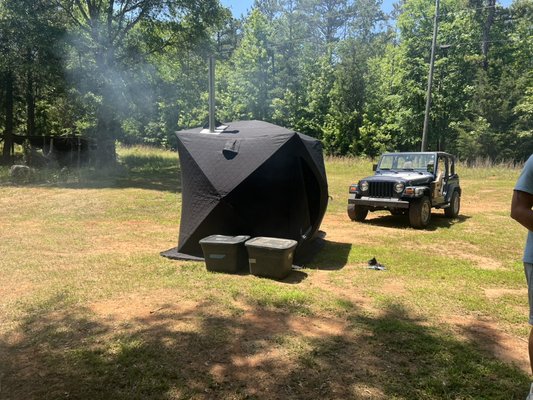 Sauna tent rental - Try an Authentic sauna experience with our sauna tent. This tent is very versatile and the stove gets the tent hot very quickly. This tent option comes with a cold plunge and chill area. A total footprint of 20ft x 20ft is required to set up everything.