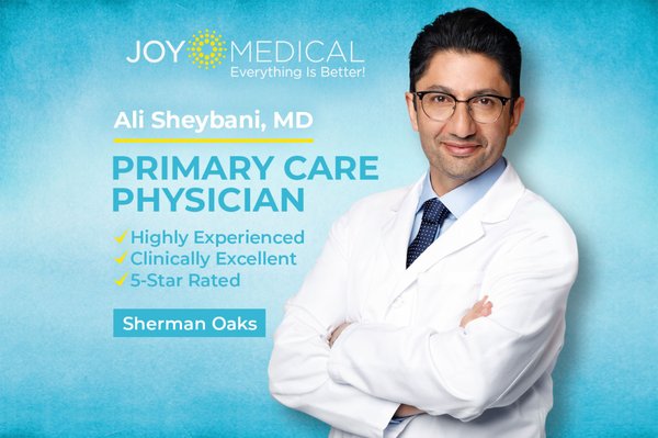Primary Care Physician - Dr. Ali Sheybani is the primary care physician at Joy Medical. He provides comprehensive medical care to manage your healthcare needs, as well as diagnose and treat a broad array of illnesses and injuries. Dr. Sheybani has extensive experience in addressing chronic, long-term conditions and acute problems. We're accepting new patients. Contact Joy Medical to schedule your appointment.