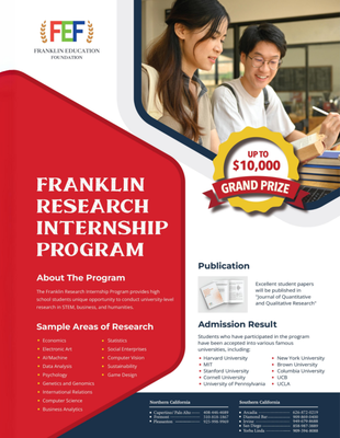 Research Program - Unlock your potential with the Franklin Research Independent Program (FRIP), a prestigious 6-week research opportunity designed to cater to your individual interests. This immersive program allows high school students to explore a topic they are passionate about, supported by expert mentorship and a focus on personalized research.

What Makes FRIP Stand Out?

-Personalized Research Experience: Tailor your research project to align with your specific interests and academic goals. Engage in a hands-on exploration of a topic you’re passionate about, leading to a rich and rewarding research experience.
-Expert Guidance: Benefit from one-on-one mentorship with esteemed college professors and experienced researchers. Receive expert support throughout your research journey, from question formulation to detailed analysis and polished academic writing.
-Comprehensive Skill Development: Gain crucial research skills including methodology, data analysis, and academic writing. Learn how to design and execute a research project, analyze data, and present your findings effectively.
-Diverse Research Focus Areas: Explore a wide range of topics to match your interests. Exceptional research papers may be published in prestigious journals, showcasing your work to the academic community.

Take your research skills to the next level with FRIP and make a significant impact in your field of interest. Apply today to embark on a transformative research journey!