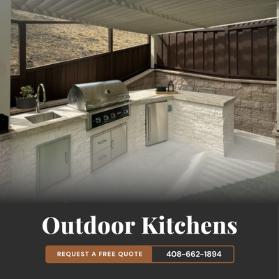 Outdoor Kitchens - Call 408-662-1894 for a free on-site outdoor kitchen consultation anywhere in Santa Clara, San Mateo, Alameda, or Santa Cruz County.
What separates a great outdoor kitchen from a mediocre one is not the appliances. It is the layout. Where the cook stands relative to guests, how smoke and heat travel, where the utilities connect, and how the kitchen relates to the patio and seating around it. We design around how you actually cook and entertain, not from a catalog.
We build custom BBQ islands, full outdoor kitchens with sinks and refrigeration and multiple cooking zones, wood-fired and gas pizza ovens, and bar and entertainment areas. Every build includes the structural foundation, steel or block framing, stone veneer or tile, granite or quartzite countertops, gas and electrical, plumbing, and integrated lighting. Most outdoor kitchens require permits for the gas, electrical, and plumbing connections, and we handle that process.
We also build the pergolas and patio covers that make these spaces usable year round: freestanding, attached, modern aluminum with motorized louvered roofs, and cedar or redwood.
Most kitchens take two to four weeks. Licensed #1032828, serving Silicon Valley since 2018. Outdoor Kitchens - Call 408-662-1894 for a free on-site outdoor kitchen consultation anywhere in Santa Clara, San Mateo, Alameda, or Santa Cruz County.
What separates a great outdoor kitchen from a mediocre one is not the appliances. It is the layout. Where the cook stands relative to guests, how smoke and heat travel, where the utilities connect, and how the kitchen relates to the patio and seating around it. We design around how you actually cook and entertain, not from a catalog.
We build custom BBQ islands, full outdoor kitchens with sinks and refrigeration and multiple cooking zones, wood-fired and gas pizza ovens, and bar and entertainment areas. Every build includes the structural foundation, steel or block framing, stone veneer or tile, granite or quartzite countertops, gas and electrical, plumbing, and integrated lighting. Most outdoor kitchens require permits for the gas, electrical, and plumbing connections, and we handle that process.
We also build the pergolas and patio covers that make these spaces usable year round: freestanding, attached, modern aluminum with motorized louvered roofs, and cedar or redwood.
Most kitchens take two to four weeks. Licensed #1032828, serving Silicon Valley since 2018.