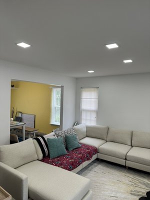 New Lighting Installation - We installed new led lights. since there was no existing connection where the customer wanted the new lights. We had to run wiring through the wall to connect 6 lights. We replaced the 2 existing lights in the hall way leading to the kitchen. Dining room light was removed and we installed the new one. The customer had purchased.