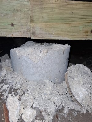 Concrete Pier Replacement - During our foundation inspection, we found that the existing concrete piers were incorrectly placed and there weren’t enough of them to properly support the home’s foundation. This caused sections of the floor to become uneven and begin to warp. Our solution? Replace the old concrete piers and install new sonotube (poured) piers at the correct support points to help restore the home’s stability and level the foundation. Concrete Pier Replacement - During our foundation inspection, we found that the existing concrete piers were incorrectly placed and there weren’t enough of them to properly support the home’s foundation. This caused sections of the floor to become uneven and begin to warp. Our solution? Replace the old concrete piers and install new sonotube (poured) piers at the correct support points to help restore the home’s stability and level the foundation.
