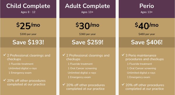 No Insurance, We Got you covered - Giving Families Reason to Smile:
Want to save money on your family’s oral care without having to worry about dental insurance? You may benefit from the Archway Dental Family Plan. This simple alternative is different from dental insurance—you just pay an annual fee. No claims, no confusing paperwork, no yearly maximums. For this one payment, you get two dental exams and cleanings, two emergency visits, one set of X-rays, and a 20 percent discount on additional services. Want to sign up for this plan or learn more about it? Just give our team a call! No Insurance, We Got you covered - Giving Families Reason to Smile:
Want to save money on your family’s oral care without having to worry about dental insurance? You may benefit from the Archway Dental Family Plan. This simple alternative is different from dental insurance—you just pay an annual fee. No claims, no confusing paperwork, no yearly maximums. For this one payment, you get two dental exams and cleanings, two emergency visits, one set of X-rays, and a 20 percent discount on additional services. Want to sign up for this plan or learn more about it? Just give our team a call!