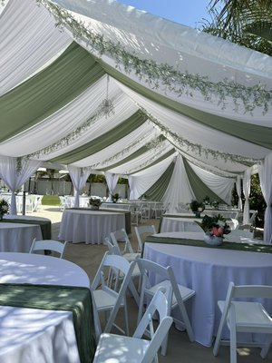 Baby Shower - Sage green and white 20 x 40 canopy with full set up of back wall, greenery garland, 3 chandeliers, round tables, chairs, cocktail tables and dessert table with champagne gold accents. Baby Shower - Sage green and white 20 x 40 canopy with full set up of back wall, greenery garland, 3 chandeliers, round tables, chairs, cocktail tables and dessert table with champagne gold accents.