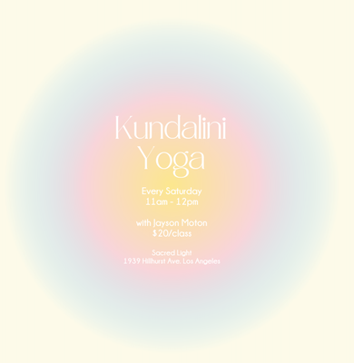 Kundalini Yoga - You are invited to a very special Kundalini Yoga class at the Sacred Light Space that will be led by Jay Moton. I first experienced Jay leading a kundalini yoga class at Nine Treasures Yoga. He substituted for one of my favorite teachers Tej. I must say Jay is an excellent guide and teacher.
Kundalini Yoga and Meditation with Jay Moton.
Saturday, from 11:00 am - 12:00 pm
Adult only class
With kundalini yoga and meditation we will make our mind-body more light, bright, beautiful and dynamic like a crystal.
What is Kundalini Yoga? Kundalini yoga is often called the yoga of awareness. It is a practice of physical postures, breathing techniques, and mantra recitation that moves the kundalini energy which normally lies dormant at the base spine. As the energy moves throughout the body and into the aura and all of the other light bodies of the individual. This energy is healing and awakening. Every sort of person can participate and benefit. By practicing you will have an experience of your own sovereign power. In the words of Yogi Bhajan: “The techniques of Kundalini Yoga form the owner’s manual for human consciousness. Yoga explores your dimensions, depth, nature, and potential as a human being. “
General Information: Arrival window is 10:45 am – 11:00. The class will begin an 11:00 a.m. so give yourself enough time to arrive and get settled in a space. -There is street parking available valet parking at the Alcove restaurant. The session will run for approximately one hour. All tickets purchased must be redeemed on that date.
What to bring: Bring your yoga mat. Blankets and meditation pillow are optional. Wear clothes that you will feel comfortable moving in.
What to expect: Expect to chant, breath, move your body (maybe sweat as some moves a “workout”) and hopefully do a lot of smiling and laughing. Kundalini Yoga - You are invited to a very special Kundalini Yoga class at the Sacred Light Space that will be led by Jay Moton. I first experienced Jay leading a kundalini yoga class at Nine Treasures Yoga. He substituted for one of my favorite teachers Tej. I must say Jay is an excellent guide and teacher.
Kundalini Yoga and Meditation with Jay Moton.
Saturday, from 11:00 am - 12:00 pm
Adult only class
With kundalini yoga and meditation we will make our mind-body more light, bright, beautiful and dynamic like a crystal.
What is Kundalini Yoga? Kundalini yoga is often called the yoga of awareness. It is a practice of physical postures, breathing techniques, and mantra recitation that moves the kundalini energy which normally lies dormant at the base spine. As the energy moves throughout the body and into the aura and all of the other light bodies of the individual. This energy is healing and awakening. Every sort of person can participate and benefit. By practicing you will have an experience of your own sovereign power. In the words of Yogi Bhajan: “The techniques of Kundalini Yoga form the owner’s manual for human consciousness. Yoga explores your dimensions, depth, nature, and potential as a human being. “
General Information: Arrival window is 10:45 am – 11:00. The class will begin an 11:00 a.m. so give yourself enough time to arrive and get settled in a space. -There is street parking available valet parking at the Alcove restaurant. The session will run for approximately one hour. All tickets purchased must be redeemed on that date.
What to bring: Bring your yoga mat. Blankets and meditation pillow are optional. Wear clothes that you will feel comfortable moving in.
What to expect: Expect to chant, breath, move your body (maybe sweat as some moves a “workout”) and hopefully do a lot of smiling and laughing.