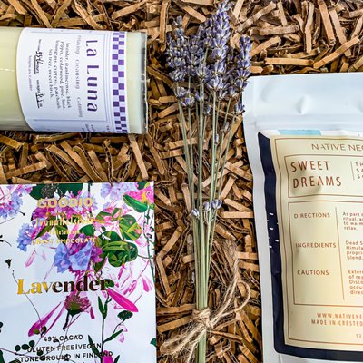 Gift Box ~ Lavender Fields Forever - This lavender-inspired gift set celebrates lavender in many forms so that all of the senses can enjoy. Lavender is known to promote relaxation and is a symbol of calm, serenity, and peace.

With a decadent lavender chocolate, a bath soak with lavender essential oils, and a lavender/lemongrass candle, Lavender Fields Forever is the perfect self-care set for anyone with a particularly affinity for lavender.

Perfect Gift For: thank you, graduation, client appreciation, birthday, housewarmings, and even an anniversary!