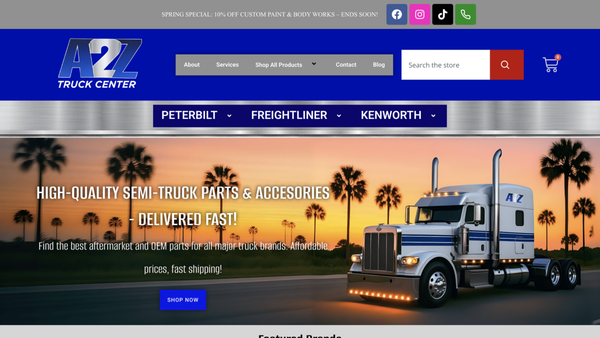 A2Z Truck Center - We designed and developed a professional website for A2Z Tires & Chrome Shop, a heavy-duty truck service center in San Juan, TX. The goal was to showcase their tire services, chrome accessories, and custom semi-truck work while improving their online presence and customer inquiries.

Services Provided:

Custom Web Design (Mobile + Desktop)

Hero Images with A2Z Branding

Service Page Layouts (Tires, Alignment, Paint, etc.)

Product Feature Sections (Accessories by Brand)

Contact Forms & Google Maps Integration

On-Page SEO Optimization

Blog Integration