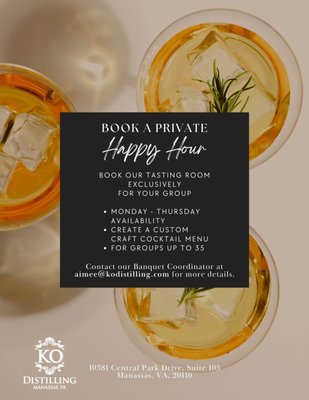 Book a Private Happy Hour - Book our Tasting Room exclusively for your group!
Monday - Thursday availability
Create a custom craft cocktail menu
For groups of up to 35
Contact our Banquet Coordinator at aimee@kodistilling.com for more details. Book a Private Happy Hour - Book our Tasting Room exclusively for your group!
Monday - Thursday availability
Create a custom craft cocktail menu
For groups of up to 35
Contact our Banquet Coordinator at aimee@kodistilling.com for more details.