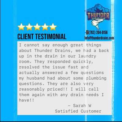 Customer Testimonials - We at Thunder Drains value our customers and strive to uphold professionalism, transparency, and always deliver the best customer service experience. But don't take our word for it - check out a few of our customer testimonials !
Contact Thunder Drains today 763 204 0156
Full Service Commercial & Residential Drain Cleaning.
▪️Preventative Maintenance & 24 Hour Emergency Service 🌪️🌩️⚡️
📍 Zimmerman MN
▪️Servicing all of our neighboring communities & into the M Customer Testimonials - We at Thunder Drains value our customers and strive to uphold professionalism, transparency, and always deliver the best customer service experience. But don't take our word for it - check out a few of our customer testimonials !
Contact Thunder Drains today 763 204 0156
Full Service Commercial & Residential Drain Cleaning.
▪️Preventative Maintenance & 24 Hour Emergency Service 🌪️🌩️⚡️
📍 Zimmerman MN
▪️Servicing all of our neighboring communities & into the M