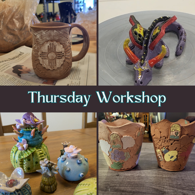 Thursday Workshops - Discover your creative side at our Thursday clay workshops! From whimsical mushrooms and gnomes to mugs, love shacks, Southwest succulents, dragons, and more, there’s something for everyone. Join us for a fun and artistic experience! Thursday Workshops - Discover your creative side at our Thursday clay workshops! From whimsical mushrooms and gnomes to mugs, love shacks, Southwest succulents, dragons, and more, there’s something for everyone. Join us for a fun and artistic experience!