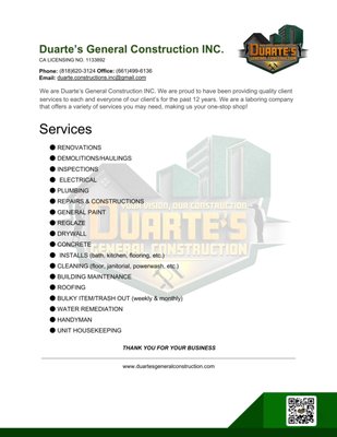 OUR SERVICES - Trusted. Experienced. Built to Last.
From home upgrades to commercial renovations, we deliver quality craftsmanship and dependable service every step of the way.
Residential & Commercial | 15+ Years of Experience | Licensed & Insured
📲 Contact us today for a free estimate!