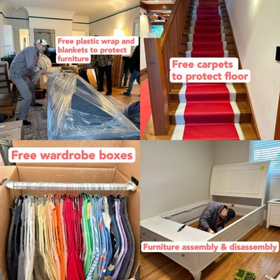 Free packing materials - Excellence Mover provides packing materials, including wardrobe boxes, plastic wrap, tapes, furniture pads, mattress cover, and carpet for free to pack and protect your furniture. Free packing materials - Excellence Mover provides packing materials, including wardrobe boxes, plastic wrap, tapes, furniture pads, mattress cover, and carpet for free to pack and protect your furniture.
