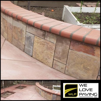 Sitting Bench Retainer Wall - Slate covered sitting bench with bullnose brick on top. Made with much love in the USA by We LOVE ❤ Paving Sitting Bench Retainer Wall - Slate covered sitting bench with bullnose brick on top. Made with much love in the USA by We LOVE ❤ Paving