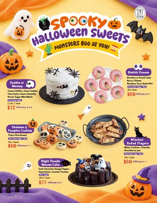 Spooky Halloween Sweets Collection - Get ready for a spooktacular treat! Our Spooky Halloween Sweets collection features 5 fun, self-guided DIY desserts to bake and decorate:
• Zombie or Mummy ($72) – 5" Cocoa chiffon cake with Oreo salty cream chantilly and brown sugar mini mochi.
• Night Parade Mousse Cake ($77) – 6" Dark chocolate sponge finger cake with salty butter and caramel tiramisu.
• Blehhh Donuts ($60/6pcs) – Blueberry pound cake donuts with berry cheese and rainbow sour belts.
• Skeleton & Pumpkin Cookies ($60/14pcs) – Spooky decorated plain shortbread cookies.
• Witches' Baked Fingers ($60/15pcs) – Milky cookies topped with almonds and strawberry jam.
Perfect for family bonding, dates, and festive Halloween fun! Reserve your spot and create your own sweet monsters with us. Spooky Halloween Sweets Collection - Get ready for a spooktacular treat! Our Spooky Halloween Sweets collection features 5 fun, self-guided DIY desserts to bake and decorate:
• Zombie or Mummy ($72) – 5" Cocoa chiffon cake with Oreo salty cream chantilly and brown sugar mini mochi.
• Night Parade Mousse Cake ($77) – 6" Dark chocolate sponge finger cake with salty butter and caramel tiramisu.
• Blehhh Donuts ($60/6pcs) – Blueberry pound cake donuts with berry cheese and rainbow sour belts.
• Skeleton & Pumpkin Cookies ($60/14pcs) – Spooky decorated plain shortbread cookies.
• Witches' Baked Fingers ($60/15pcs) – Milky cookies topped with almonds and strawberry jam.
Perfect for family bonding, dates, and festive Halloween fun! Reserve your spot and create your own sweet monsters with us.