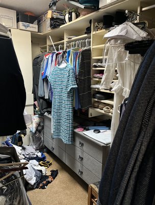 Closet Declutter and Organize - This was a closet organizing and decluttering job. Lots of clothing had to be decluttered and donated. We redesigned some of the shelving to better fit the clothes and reorganized everything to be functional for the client.