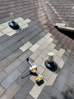 Residential Roof Repair- Leak and Nail Pops - This was an extensive repair done where we removed damaged shingles due to nail pops. The old ridge was installed directly into decking with exposed nails so we removed the ridge and a proper ridge was installed and nails were hidden. The ridge helped on two sections of the roof to stop the leak since attic air was not able vent properly. Rotted decking had to be replaced and a wall of the home had new flashing installed. All boots had to be replaced since they were not installed or sealed properly. Before starting any work we needed to remove all debris for a clean and effective work space. Residential Roof Repair- Leak and Nail Pops - This was an extensive repair done where we removed damaged shingles due to nail pops. The old ridge was installed directly into decking with exposed nails so we removed the ridge and a proper ridge was installed and nails were hidden. The ridge helped on two sections of the roof to stop the leak since attic air was not able vent properly. Rotted decking had to be replaced and a wall of the home had new flashing installed. All boots had to be replaced since they were not installed or sealed properly. Before starting any work we needed to remove all debris for a clean and effective work space.