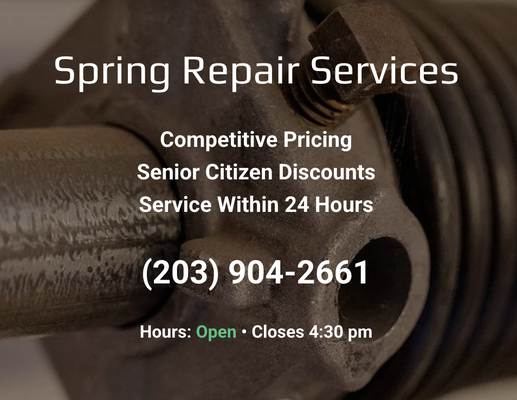 Spring Repair Services - Professional Garage Door Spring Repair: Your Reliable Solution
When it comes to garage door spring repair, Crawford Door of Stratford Inc is your trusted partner. With over 70 years of experience, we specialize in the repair and replacement of torsion and extension springs for all types of garage doors. Don't let a faulty spring disrupt your day, get in touch with us and experience our swift and reliable service.
Why Choose Our Garage Door Spring Repair Service?
Take advantage of these benefits when you work with Crawford Door of Stratford Inc.
Expertise in all types of garage doors
Fast and efficient service within 24 hours
Over seven decades of industry experience
Competitive pricing for top-value
Our service is designed to provide you with peace of mind. Contact Crawford Door of Stratford and let us take care of your garage door spring repair needs.
Experience the Crawford Door of Stratford Difference
What sets Crawford Door of Stratford Inc apart? It's our commitment to quality and customer satisfaction. With our services, you're not just getting a quick fix. You're investing in a solution that lasts.
Our team of professionals is ready to assist you at any time, ensuring your garage door is functioning optimally. Don't wait for the problem to escalate, contact us today.
Get in Touch With Us
Ready to experience the best in garage door spring repair? Crawford Door of Stratford Inc is here to serve you. Whether it's an urgent repair or a routine check-up, we're just a call away. Let us help you ensure the longevity and functionality of your garage door. Contact us today. Spring Repair Services - Professional Garage Door Spring Repair: Your Reliable Solution
When it comes to garage door spring repair, Crawford Door of Stratford Inc is your trusted partner. With over 70 years of experience, we specialize in the repair and replacement of torsion and extension springs for all types of garage doors. Don't let a faulty spring disrupt your day, get in touch with us and experience our swift and reliable service.
Why Choose Our Garage Door Spring Repair Service?
Take advantage of these benefits when you work with Crawford Door of Stratford Inc.
Expertise in all types of garage doors
Fast and efficient service within 24 hours
Over seven decades of industry experience
Competitive pricing for top-value
Our service is designed to provide you with peace of mind. Contact Crawford Door of Stratford and let us take care of your garage door spring repair needs.
Experience the Crawford Door of Stratford Difference
What sets Crawford Door of Stratford Inc apart? It's our commitment to quality and customer satisfaction. With our services, you're not just getting a quick fix. You're investing in a solution that lasts.
Our team of professionals is ready to assist you at any time, ensuring your garage door is functioning optimally. Don't wait for the problem to escalate, contact us today.
Get in Touch With Us
Ready to experience the best in garage door spring repair? Crawford Door of Stratford Inc is here to serve you. Whether it's an urgent repair or a routine check-up, we're just a call away. Let us help you ensure the longevity and functionality of your garage door. Contact us today.